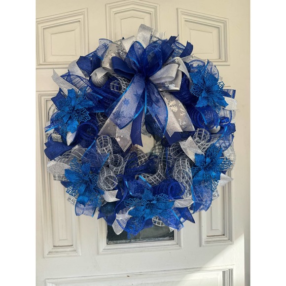 Blue and Silver Wreath & Christmas Garland Holiday Home Decor, Front Door Hanger - Picture 8 of 11